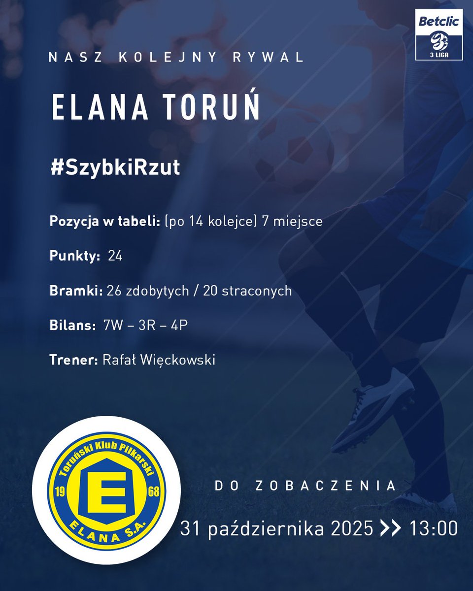 ⏰ 𝗖𝗭𝗔𝗦 𝗡𝗔 𝗣𝗜𝗘̨𝗧𝗡𝗔𝗦𝗧Ą 𝗞𝗢𝗟𝗘𝗝𝗞𝗘!

W 15. kolejce Betclic 3. ligi Unia Swarzędz podejmie na własnym boisku Elanę Toruń. 🔵⚪
W tym poście przygotowaliśmy dla Was kilka informacji o naszym najbliższym rywalu.
📅 Do zobaczenia w piątek 31 października o 13:00! 💪🏻