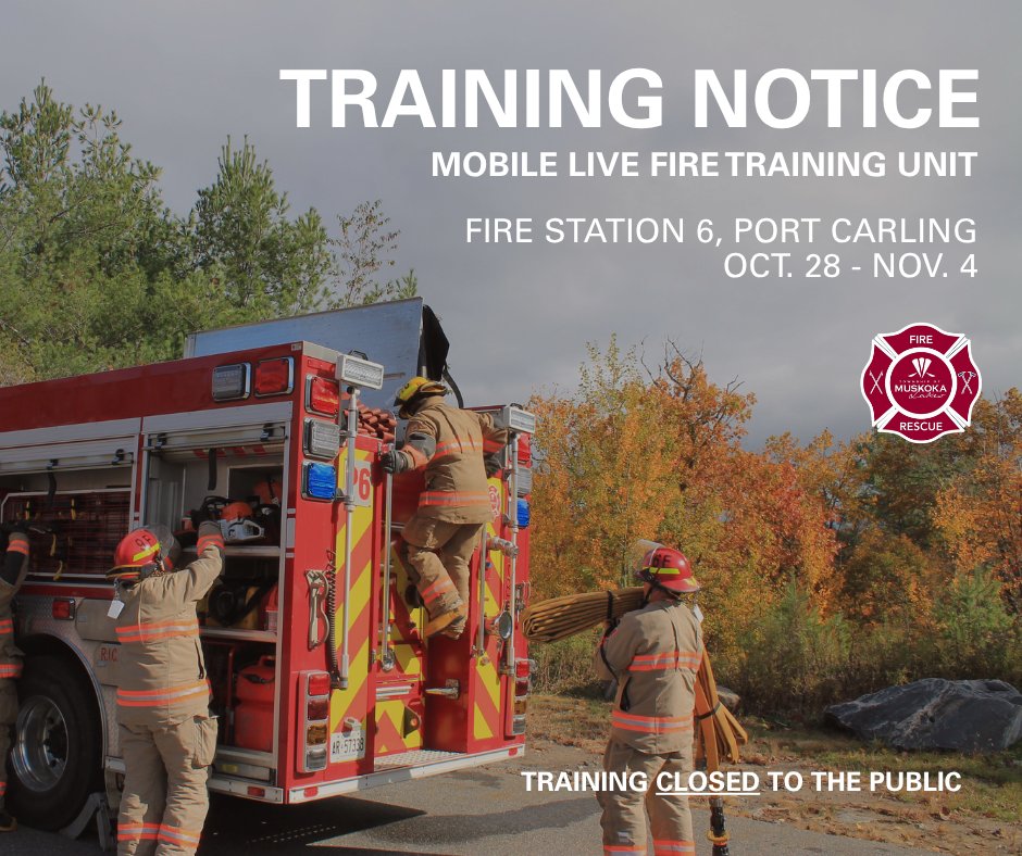 From Oct. 28 – Nov. 4, a Mobile Live Fire Training Unit will be stationed at Fire Station 6 in Port Carling.

This simulator allows crews to train in a safe, controlled setting. Training is closed to the public.

Details: muskokalakes.ca/news/posts/mus…

#MuskokaLakes