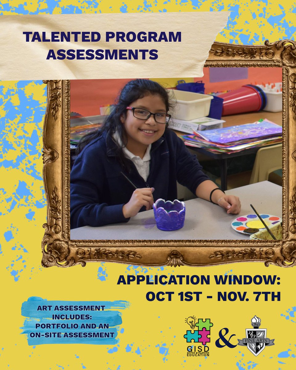 The application window for Gifted and Talented is open and closes November 7.

If you have exceptional musical talent or advanced artistic skills, this is your chance to submit your application!
 
🖌️ Art assessment includes: a portfolio and an on-site assessment.
🎶 Music