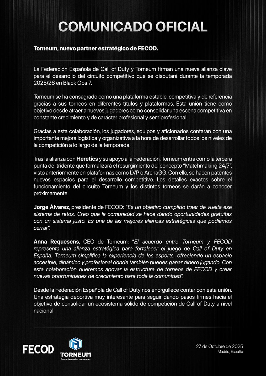 La Federación Española de Call of Duty y @Torneum unen fuerzas para fortalecer la escena competitiva de Call of Duty en España.

Este acuerdo refuerza el compromiso de ambas partes ofreciendo una plataforma sólida, transparente y profesional para los clubes participantes y los