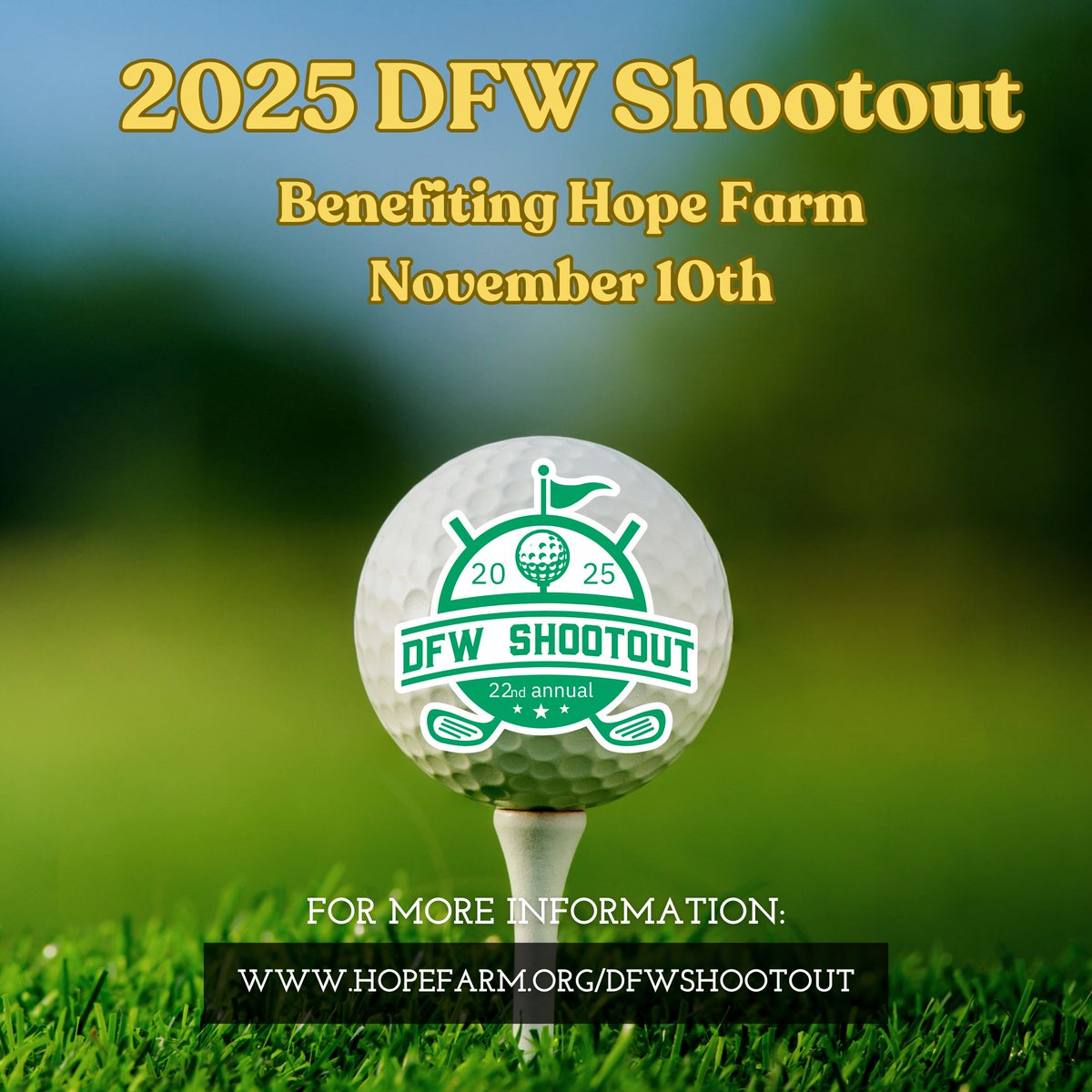 HopeFarmInc's tweet image. TWO WEEKS! Until our amazing golf tournament at Bear Creek Golf Club on November 10th. Be sure to get our last couple of team spots, you don&apos;t want to miss out on our golfer swag bags, experiential silent auction items and an incredible round of golf. hopefarm.org/dfwshootout