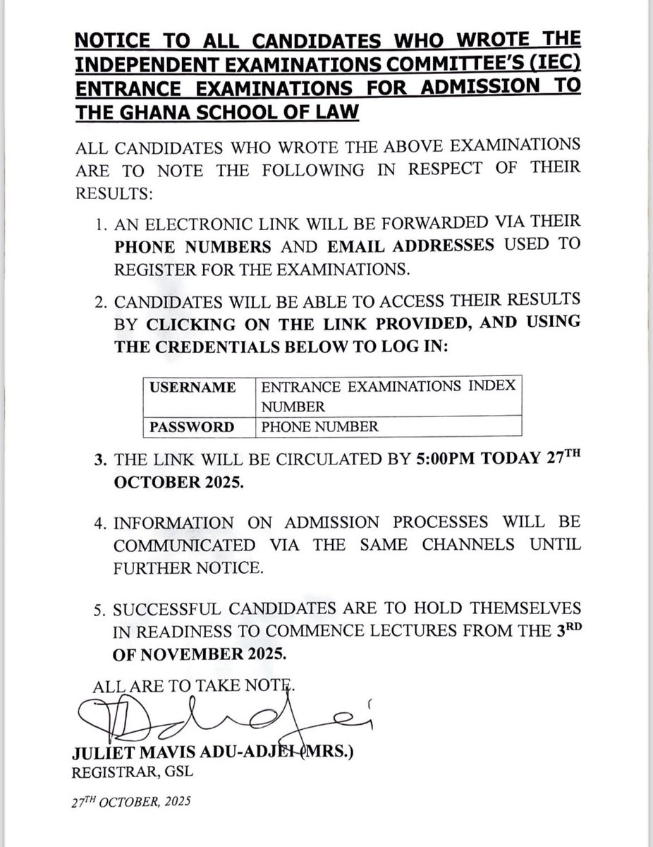 SRCGhlawschool's tweet photo. 📌NOTICE TO ALL CANDIDATES WHO WROTE ENTRANCE EXAMINATIONS FOR ADMISSION TO THE GHANA SCHOOL OF LAW https://t.co/OnggQU9L3X