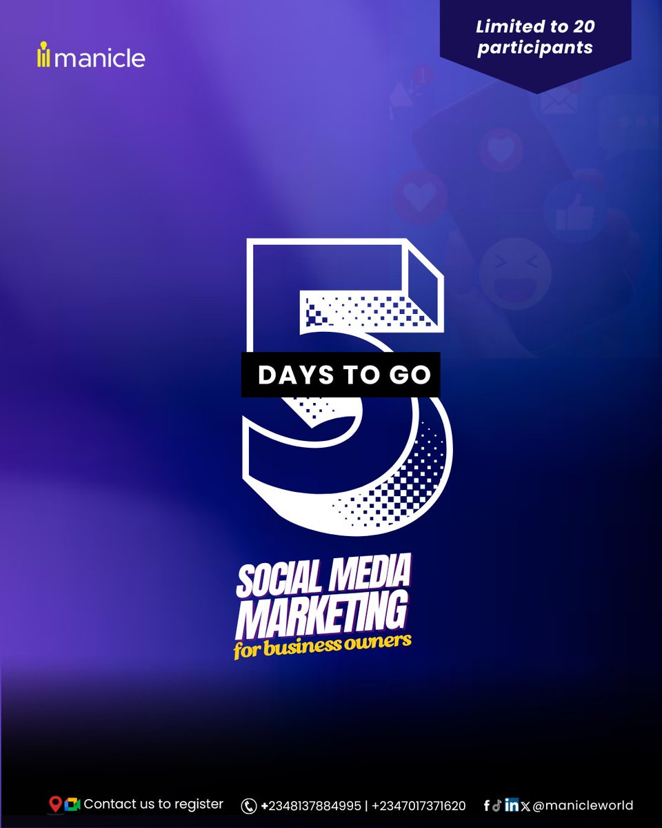 Manicleworld's tweet photo. 5 days to go already. Have you registered? 
#socialmediamarketingclass  #Manicle  #november1st https://t.co/O5vY3IOUlJ