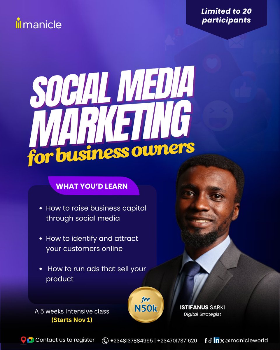 Manicleworld's tweet photo. 5 days to go already. Have you registered? 
#socialmediamarketingclass  #Manicle  #november1st https://t.co/O5vY3IOUlJ