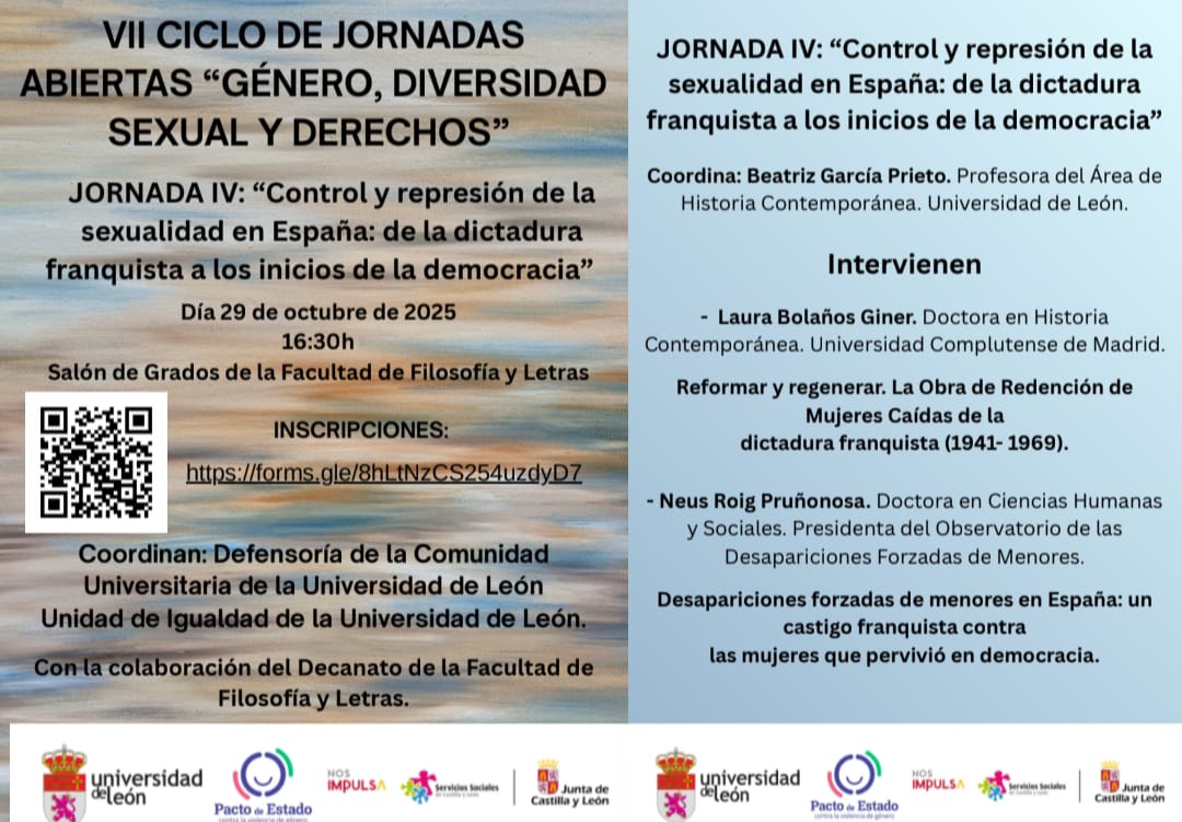 HISMECON_ULE's tweet photo. VII Ciclo de Jornadas Abiertas "Género, Diversidad Sexual y Derechos" de @unileon. Jornada IV: “Control y represión de la sexualidad en España: de la dictadura franquista a los inicios de la democracia”, coordinada por la historiadora Beatriz García Prieto... https://t.co/vx2SynB92Q
