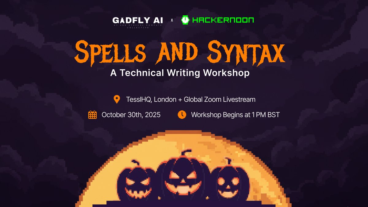 hackernoon's tweet image. This Halloween, there are no tricks, just treats 🪄 Only 3 𝗱𝗮𝘆𝘀 𝗹𝗲𝗳𝘁 until the 𝗦𝗽𝗲𝗹𝗹𝘀 𝗮𝗻𝗱 𝗦𝘆𝗻𝘁𝗮𝘅: 𝗔 𝗧𝗲𝗰𝗵𝗻𝗶𝗰𝗮𝗹 𝗪𝗿𝗶𝘁𝗶𝗻𝗴 𝗪𝗼𝗿𝗸𝘀𝗵𝗼𝗽!

Join #HackerNoon and #GadflyAI to master the art of technical storytelling. You&apos;ll learn how to…