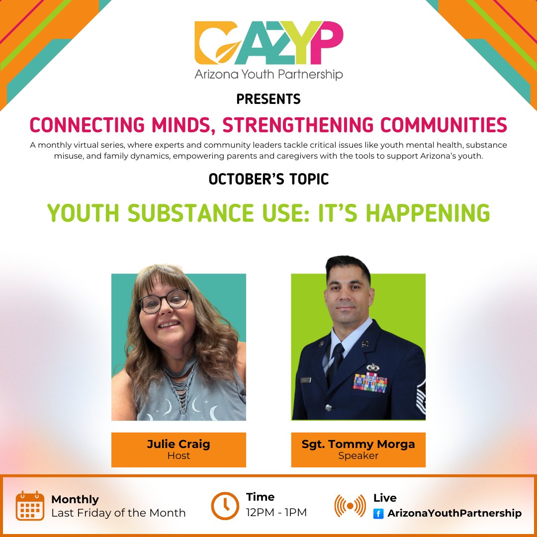 AZYP_est1990's tweet image. We’re honored to welcome Senior Master Sergeant Tommy Morga with his extensive experience in #preventioneducation &amp;amp; his work with the AZ High Intensity Drug Trafficking Area initiative, Sgt. Morga will share valuable insights for parents and youth.

#AZYP #CMSC #YouthEmpowerment
