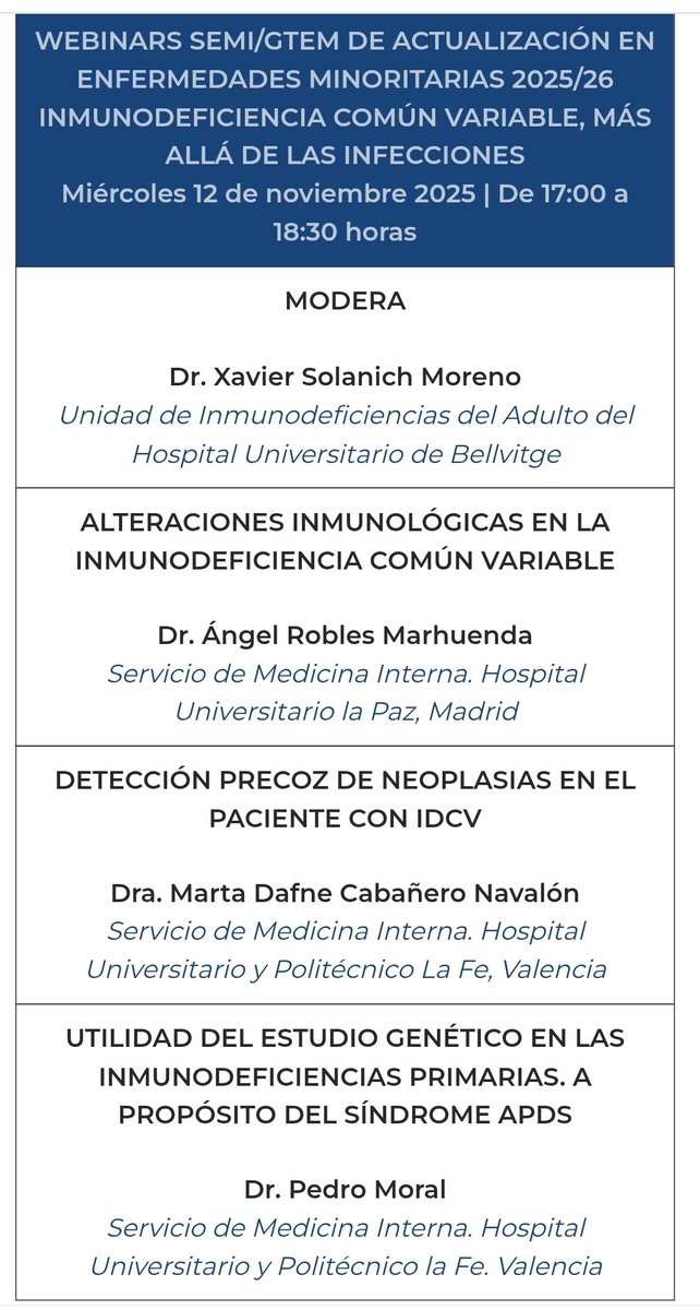 🚨 Actualízate en Inmunodeficiencia Común Variable y #EnfermedadesRaras con Dr Solanich de <a href="/hbellvitge/">Hospital Universitari Bellvitge | HUB</a>, <a href="/AngelRoblesMarh/">Ángel Robles Marhuenda</a> de <a href="/Interna_LaPaz/">Medicina Interna - La Paz 🩺</a>, <a href="/PedroMoral16/">Pedro Moral</a> y <a href="/DafneCabanero/">Marta Dafne Cabañero</a> de <a href="/Area_ClinMedica/">Área Clínica Médica. La Fe</a> 
Nuevo webinar de <a href="/GTEMinoritarias/">GTEMinoritariasSEMI</a> <a href="/Sociedad_SEMI/">Sociedad Española de Medicina Interna (SEMI)</a> <a href="/ResidentesSEMI/">Residentes y Jóvenes Internistas de la SEMI</a>