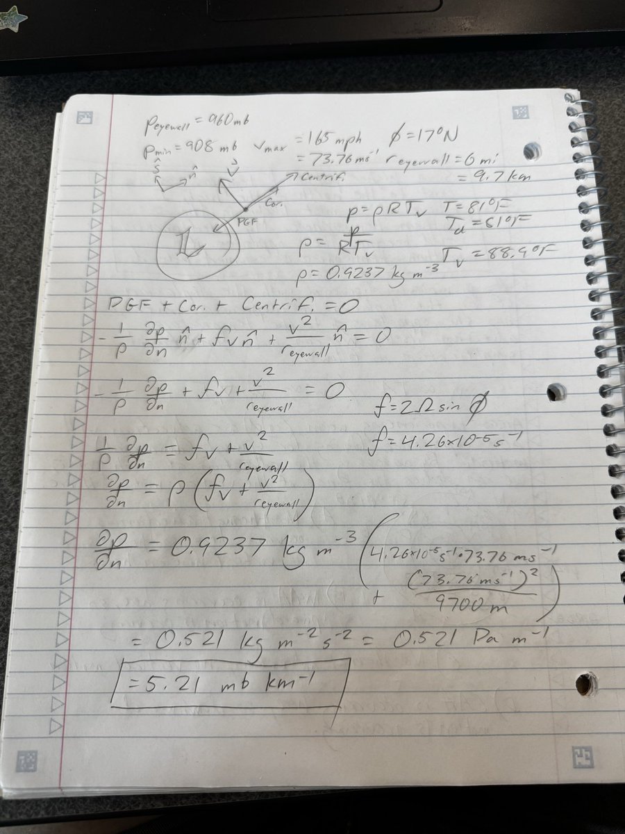 Through gradient wind balance and ignoring the effects of friction, Melissa’s eye radius and max wind speed implies a  pressure gradient of 5.21 mb/km (8.38 mb/mi). If this pressure gradient was over Norman, the pressure would drop from 972 mb at the NWC to 949 mb in downtown.
