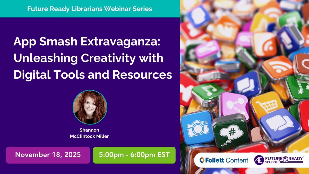 FutureReady's tweet image. Calling all creative educators &amp; librarians! 🚨
Want to share your favorite digital tool in a fast-paced, high-energy event? Apply to present at App Smash w/ @shannonmmiller + 25 amazing educators! 🎤⚡️
✨ Quick demos
📚 Real strategies
🔥 Big impact
🔗 all4ed.org/activity/2025-…