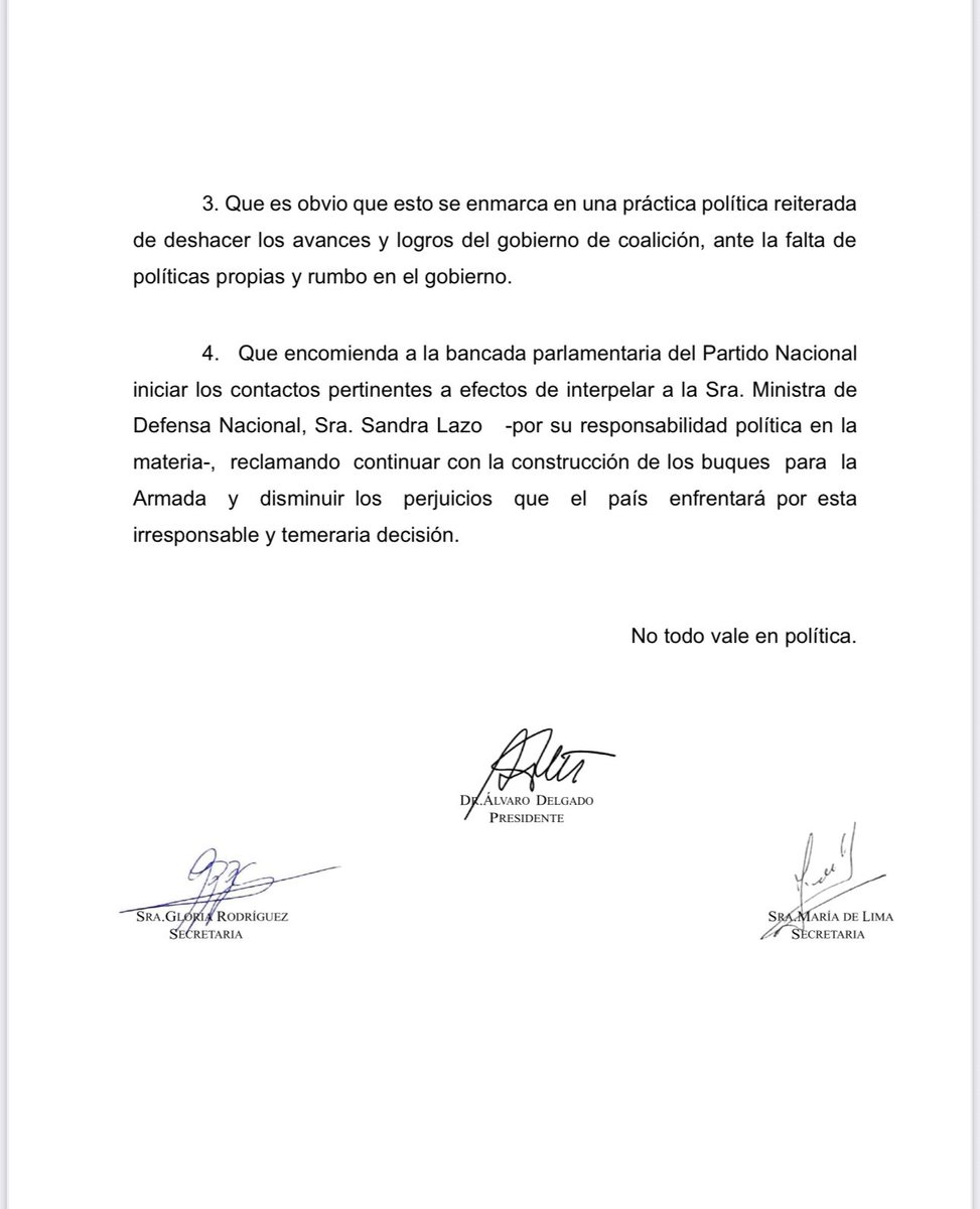 DECLARACIÓN | PARTIDO NACIONAL
Sobre la decisión del gobierno de rescindir el contrato de las Patrulleras Oceánicas. Es una grave irresponsabilidad que afecta la credibilidad del país, la seguridad jurídica y el respeto a los contratos.