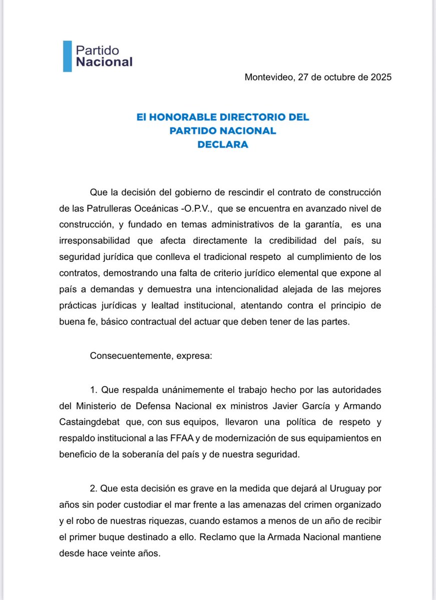 PNACIONAL's tweet photo. DECLARACIÓN | PARTIDO NACIONAL
Sobre la decisión del gobierno de rescindir el contrato de las Patrulleras Oceánicas. Es una grave irresponsabilidad que afecta la credibilidad del país, la seguridad jurídica y el respeto a los contratos.