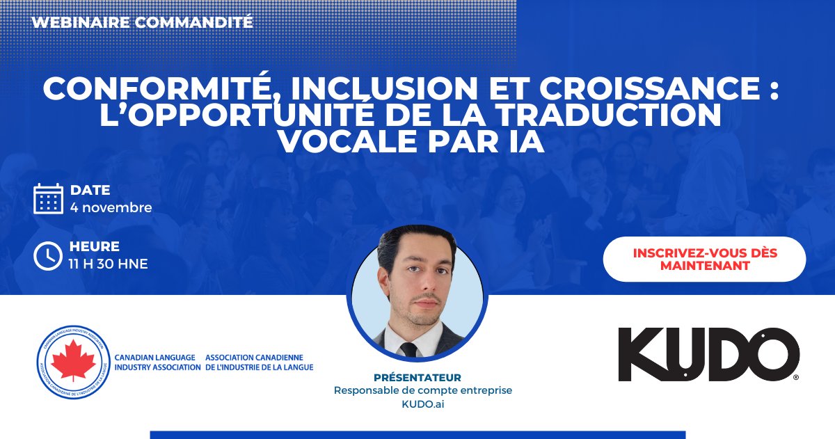 Rejoignez-nous pour un webinaire gratuit présenté par notre commanditaire, KUDO.ai, le 4 novembre à 11h 30, sur la traduction vocale assistée par l’IA. 

Inscrivez-vous ici : bit.ly/49cqmck 

#Interprétation #TechnologiesLinguistiques #IA