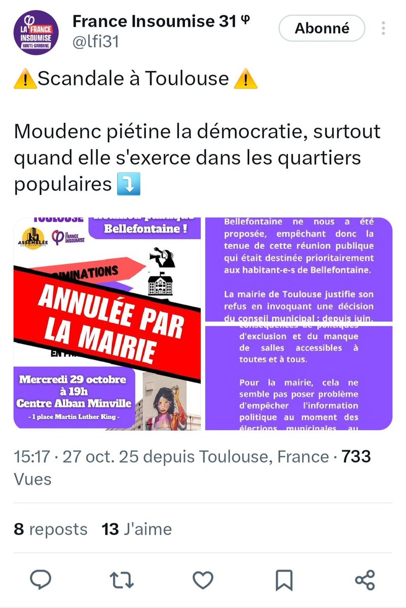 Valérie Jacquet-Violleau 🇺🇦🇫🇷 (@valeriejacquetv) on Twitter photo ✅️#Équité à Toulouse!
La règle est la même partout depuis 2022 et pour TOUS les partis!
Les #CentresCulturels ne sont pas des salles destinées aux meetings politiques!
Et l'erreur d'agent public est humaine ou c'est toujours tolérance  zéro 📛 chez <a href="/lfi31/">France Insoumise 31 ᵠ</a>? ✅️#Équité à Toulouse!
La règle est la même partout depuis 2022 et pour TOUS les partis!
Les #CentresCulturels ne sont pas des salles destinées aux meetings politiques!
Et l'erreur d'agent public est humaine ou c'est toujours tolérance  zéro 📛 chez <a href="/lfi31/">France Insoumise 31 ᵠ</a>?