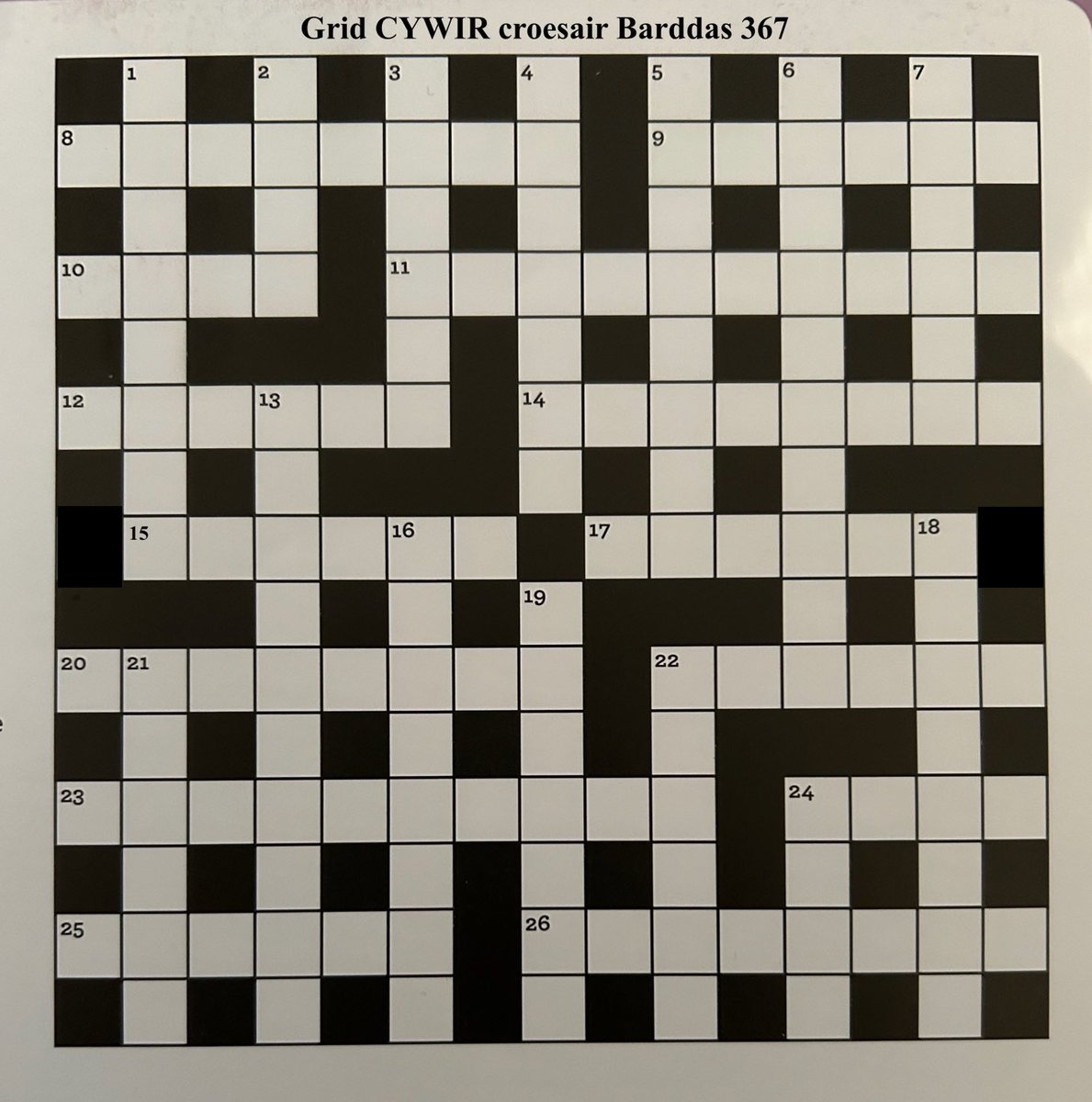 SORI, SORI, GROESEIRWYR! Mae dau sgwaryn yn ormod ar grid croesair Barddas 367(un yn 15 ar draws ac un yn 17 ar draws). Fel hyn mae’r grid i fod: