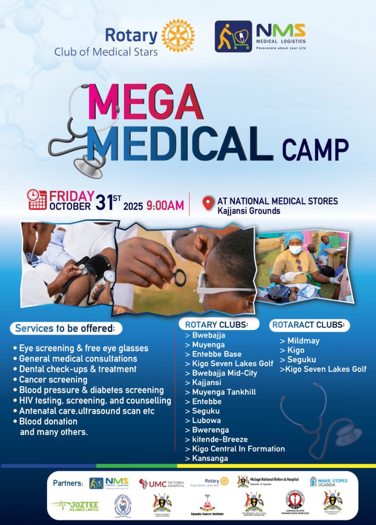 Something big is happening this Friday.

Please Inform your loved ones in Kajjansi, Kiwamirembe, Seguku, Lweza, Kitende, Bwebajja,  and surrounding towns and villages to come and receive free medical consultations and treatment this Friday 31st October 2025 at the NMS Grounds in