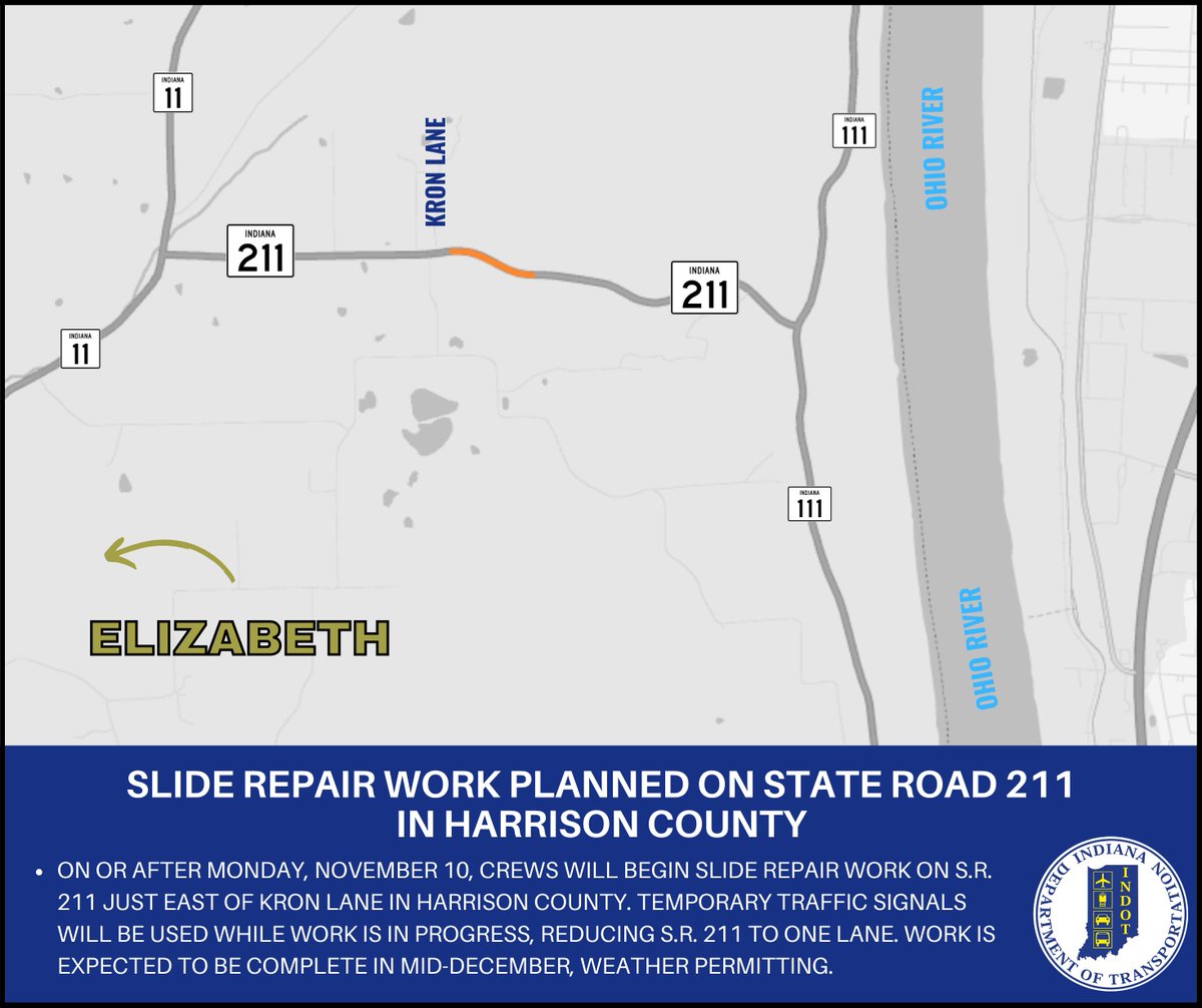 On/after Mon, 11/10, crews will begin slide repair work on S.R. 211 just east of Kron Lane in Harrison Co. Temporary traffic signals will be used while work is in progress. Work is expected to be complete in mid-December, weather permitting.

More: bit.ly/49ndO1O