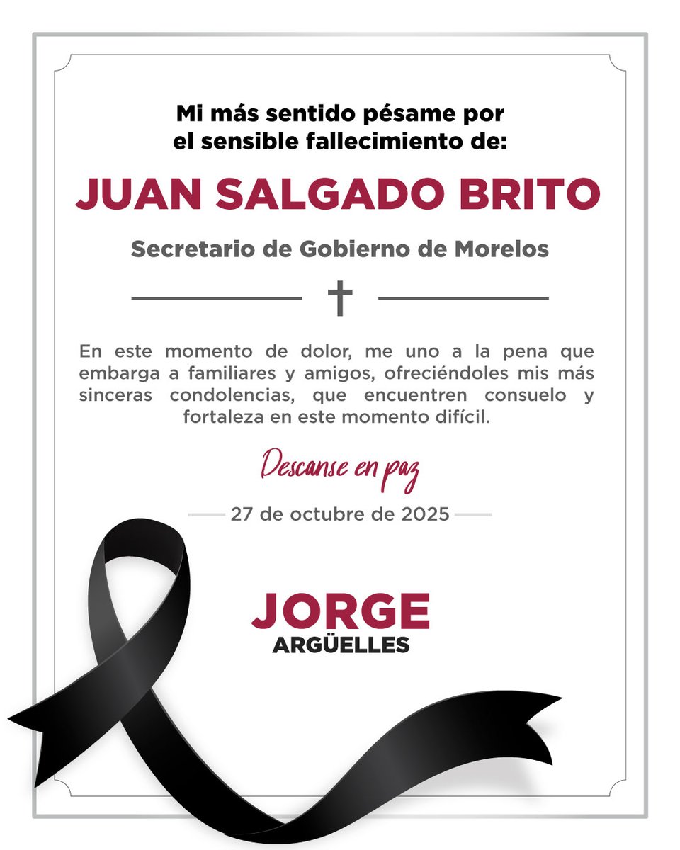 Lamento profundamente el fallecimiento del Dr. <a href="/JuanSalgadoBrit/">Juan Salgado Brito</a>, Secretario de Gobierno de Morelos. Hombre de convicciones firmes y gran compromiso con las causas sociales. Mis condolencias a su familia y seres queridos. Su legado por un Morelos más justo permanecerá siempre. DEP
