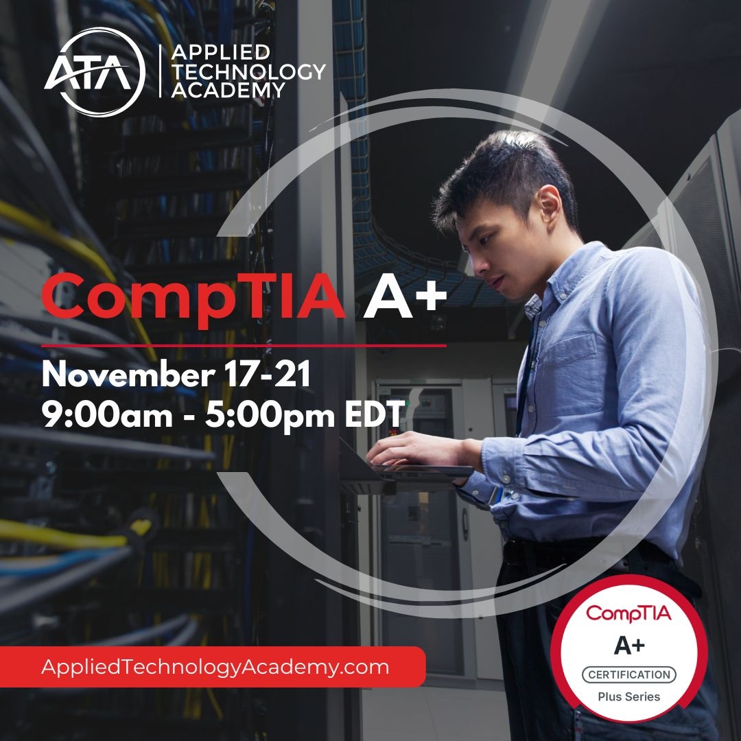 appliedtechac's tweet image. Launch your career in IT with the essential @CompTIA A+ certification! 

Join Applied Technology Academy&apos;s instructor-led course from November 17-21, 9:00 AM - 5:00 PM EDT. This training provides the foundational skills you need for hardware, software, networking, and security,…