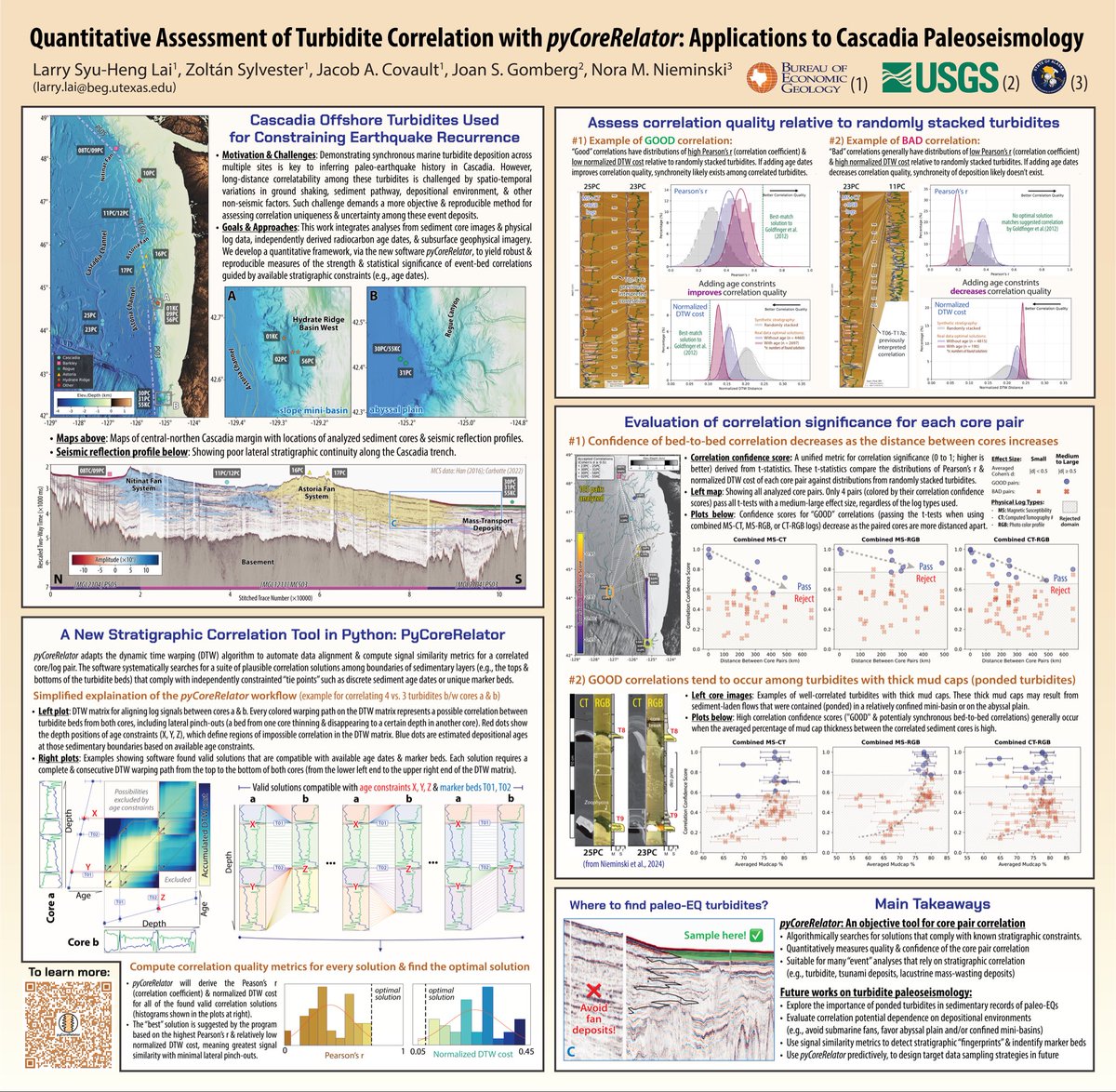 Heading to the #CRESCENT meeting at U Washington! Thrilled to share more about our novel analytical approach/tool, pyCoreRelator, for semi-automated stratigraphic correlation &amp; its applications to turbidite seismology research!