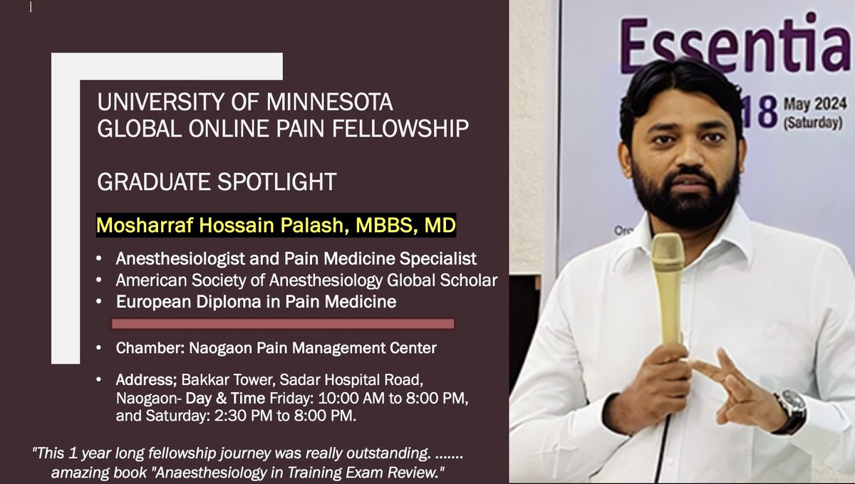 🌍🎓 #GlobalOnlinePainFellowship Graduate Spotlight!

Celebrating our inspiring fellows who are advancing equitable pain care worldwide. Their dedication, compassion, and innovation are transforming pain management across diverse settings. 💪 #PainMedicine #GlobalHealth <a href="/UMNanes/">UMN Dept. of Anesthesiology</a>