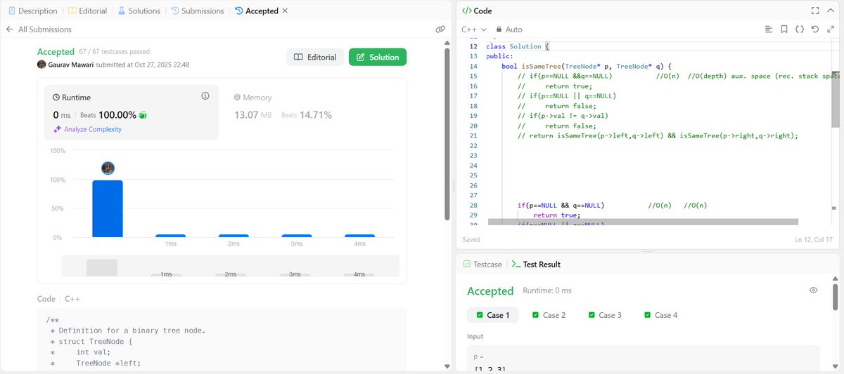 gauravmawari18's tweet image. 🌟 Day 216/∞ 🚀
Solved Same Tree 🌳
🧠 Implemented both DFS (recursive) and BFS (iterative) approaches to check structural and value equality of two trees.
Time Complexity: O(n) | Space: O(h) 💪
#LeetCode #DSA #BinaryTree #BFS #DFS #CodeEveryday #KeepCoding
