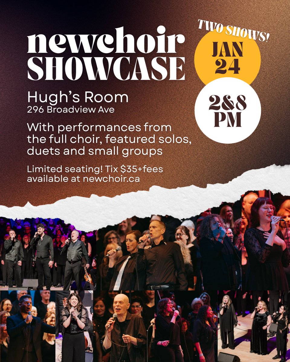 ANNOUNCING the first of three events of 2025/26 : the newchoir Showcase! Join us at <a href="/HughsRoomLive/">HUGH'S ROOM LIVE</a> on Sat Jan 24 for special performances by the full choir, featured solos, duets and small groups. Two shows, 2pm and 8pm. Seating VERY limited. Tix only $35+fees, on sale Mon Nov 3!
