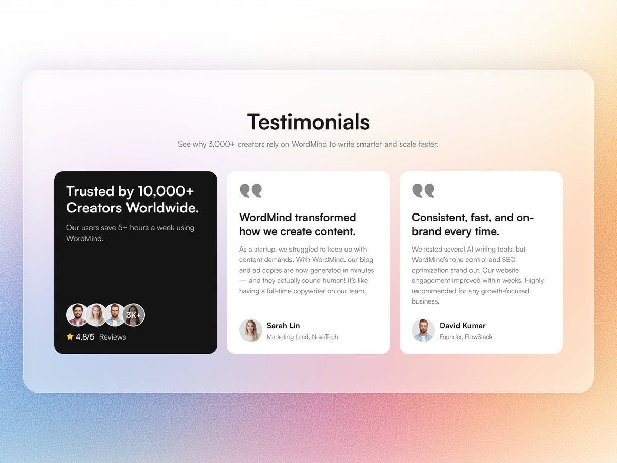 masudhci's tweet image. Testimonial Section

#dailyui #AICopywriting #SaaS #StartupTools #AIWriter #UXDesign #Copywriting #TechStartup #ProductDesign #AItools #WordMind