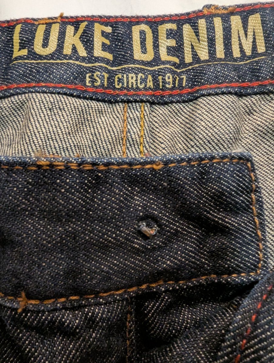 Frosty1979's tweet photo. @LukeRoper Good evening, I purchased a pair of Jeans from one of your sample sales at Villa Park earlier this year and came to wear them for the first time this evening and was horrified when this happened to the waist button, is there anything that can be done about this please? https://t.co/Pc3Sq9qbBB