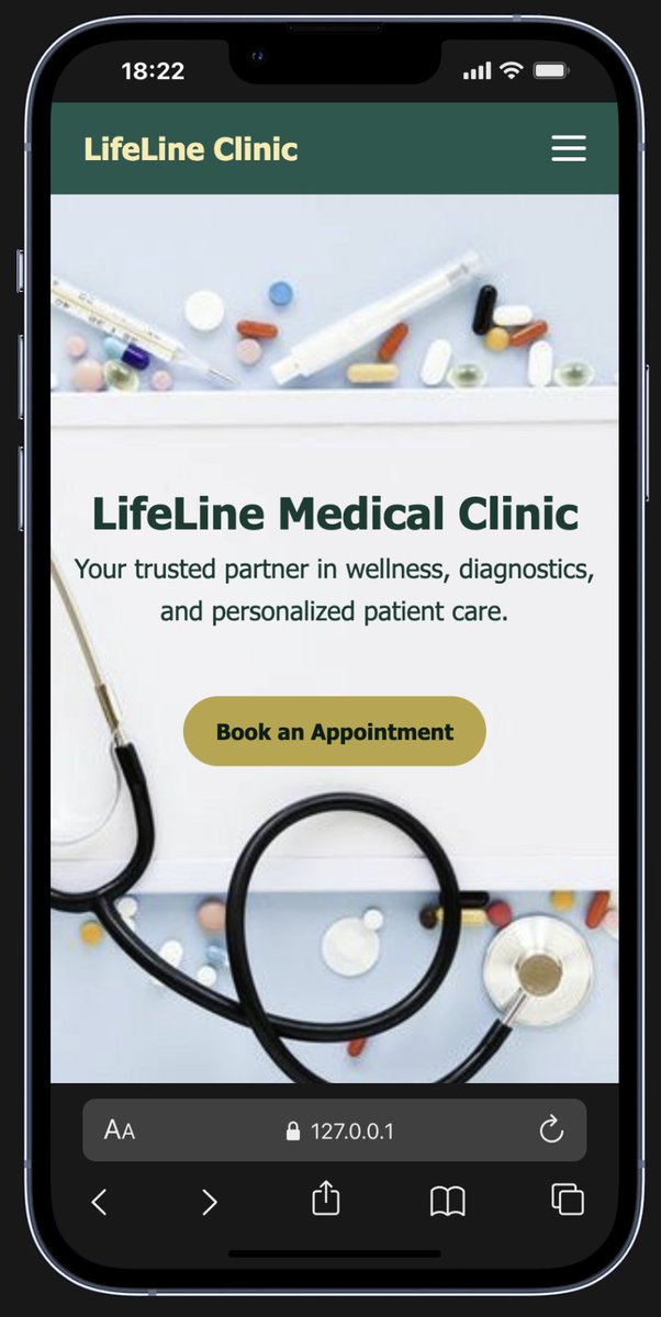 MikeAyo17's tweet photo. Week 2 update ✅
Built the homepage and responsive navbar for LifeLine Medical Clinic.
Next step ⚡️: integrating appointment booking for seamless healthcare access.
#NextGenMedics #FrontendDev #HealthInnovation #BuildInPublic #50DaysCodeChallenge https://t.co/ciEIfxJy6A