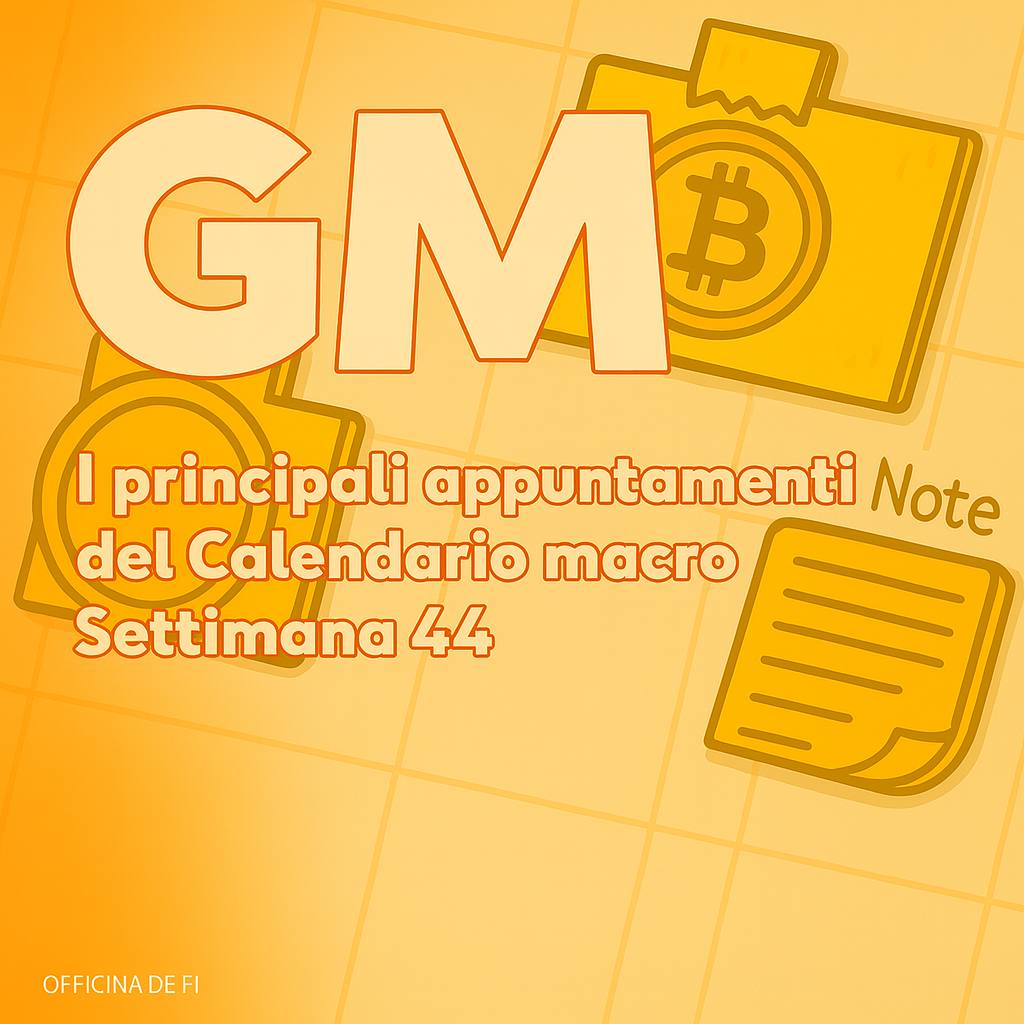 Gm ( in ritardo ) e buon lunedì operai 🧑‍🏭👩‍🏭 
In breve le principali notizie di carattere macroeconomico della settimana.

Mercoledì 29/10

12:00 | 🇪🇺 EUR – IPP Italia (a/a, set) — prev 0,2%

15:30 | 🇺🇸 USD – Scorte di petrolio greggio (EIA) — prec -0,961M

19:00 | 🇺🇸 USD – FOMC: