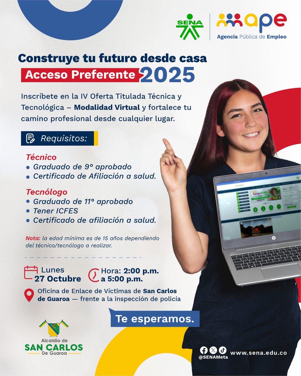 📢 ¡Atención San Carlos de Guaroa!
La cita es hoy, el SENA te invita a la Jornada de Acceso Preferente de la IV Oferta Titulada Técnica y Tecnológica en modalidad virtual.
Una oportunidad única para que te formes con calidad y sin costo. 💻
#SENAEsEmpleo
#EstudiaEnElSENA