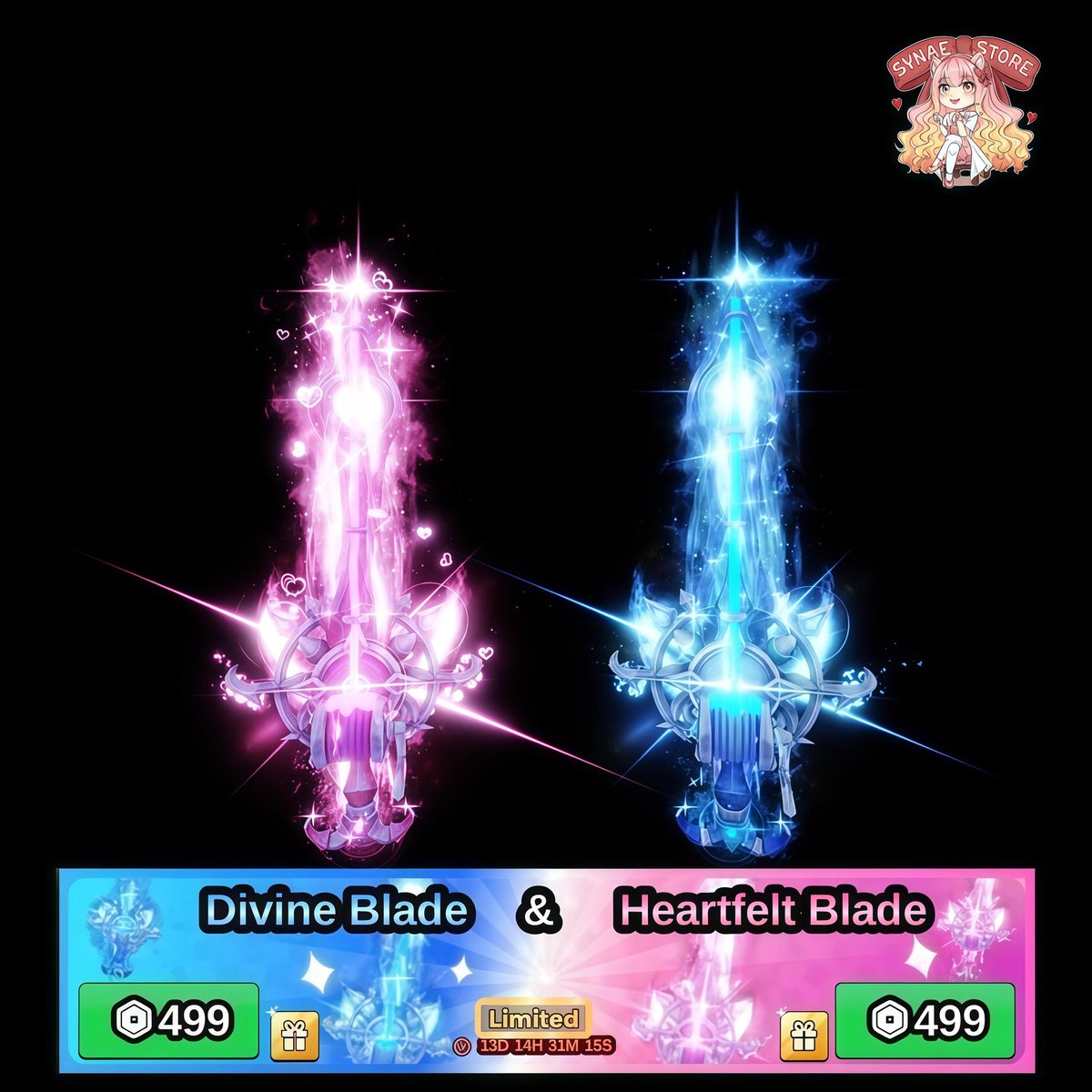 synaestore's tweet photo. DIVINE BLADE &amp; HEARTFELT BLADE

Price : 47.405

Note 
- dikirim via gift in game https://t.co/7T8hSrDKtP