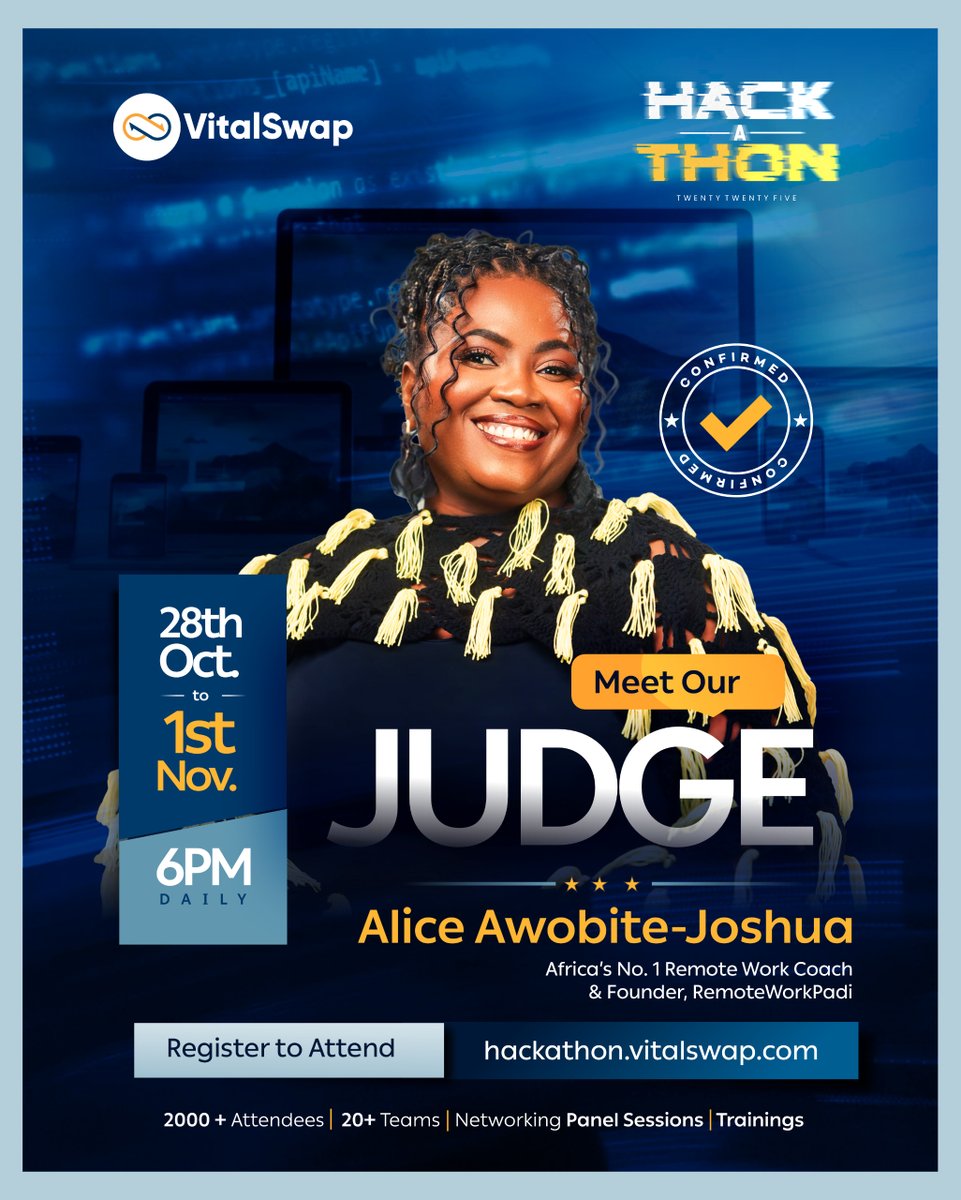 MEET OUR JUDGE: Alice Awobite-Joshua

Alice Awobite-Joshua  (<a href="/thetechychef/">AliceTheTechyChef</a> ) is Africa’s No 1 Remote Work Coach. As the founder of <a href="/remoteworkpadi/">RemoteWorkPadi</a>  and <a href="/atcproacademy/">ATC Professional Academy</a> , she has helped over 5,000 Africans build profitable remote careers and trained hundreds of virtual assistants,