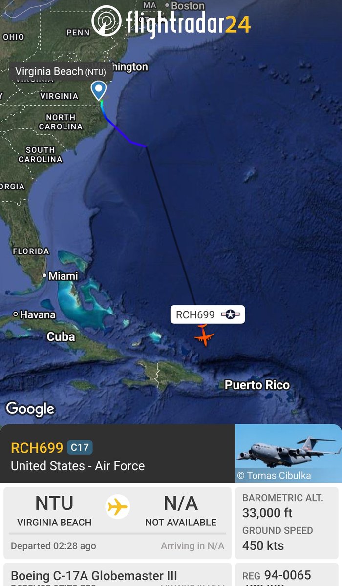 sipjack1776's tweet photo. C-17A 
#AE07DF/94-0065/RCH699
Tracking south over the Atlantic out of Oceana 
@Borrowed7Time https://t.co/LWiCr2D85F