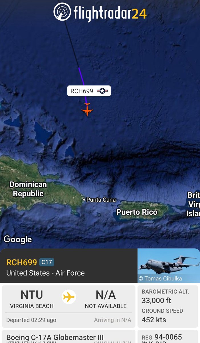 sipjack1776's tweet photo. C-17A 
#AE07DF/94-0065/RCH699
Tracking south over the Atlantic out of Oceana 
@Borrowed7Time https://t.co/LWiCr2D85F