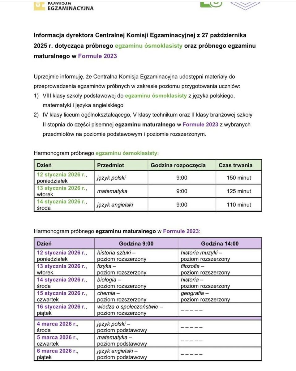 Kolejny sukces na niwie edukacyjnej. Terminy egzaminóe próbnych... Egzaminy próbne z matury podstawowej po feriach... <a href="/CKE_PL/">CKE</a> dała popis, ale, że <a href="/MEN_GOVPL/">Ministerstwo Edukacji Narodowej</a>... Po co pisać, w końcu #minusterstwo. Słów mi brakuje na działania <a href="/barbaraanowacka/">Barbara Nowacka</a>