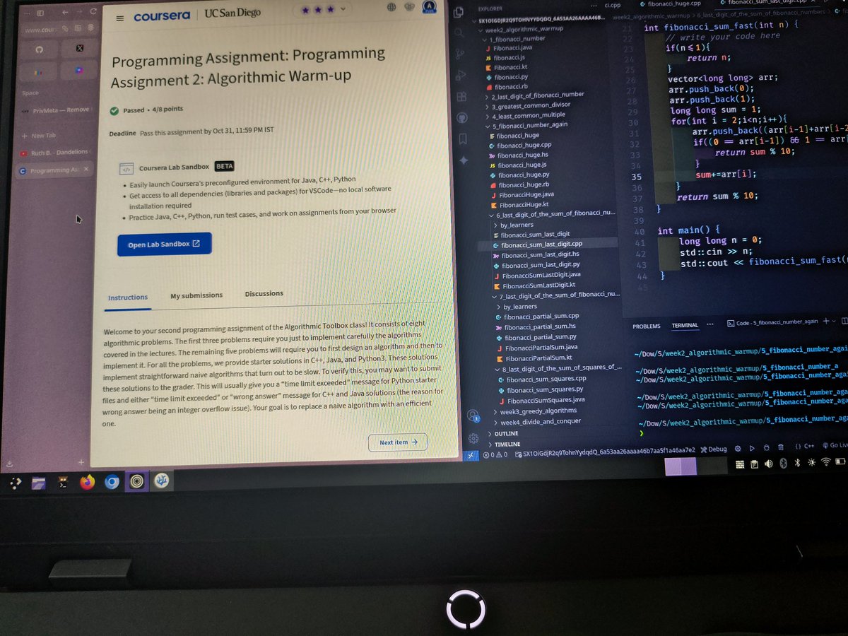 autom8nerd's tweet image. 27 Oct 2025
Wrapped up Module 1 of the Algorithmic Toolbox (Coursera) today.
• Brushed up on Big-O and other complexity notations
• Explored stress testing and debugging techniques
• Compared naive vs optimized approaches to problems
Solved 4 out of 8 problems so far.