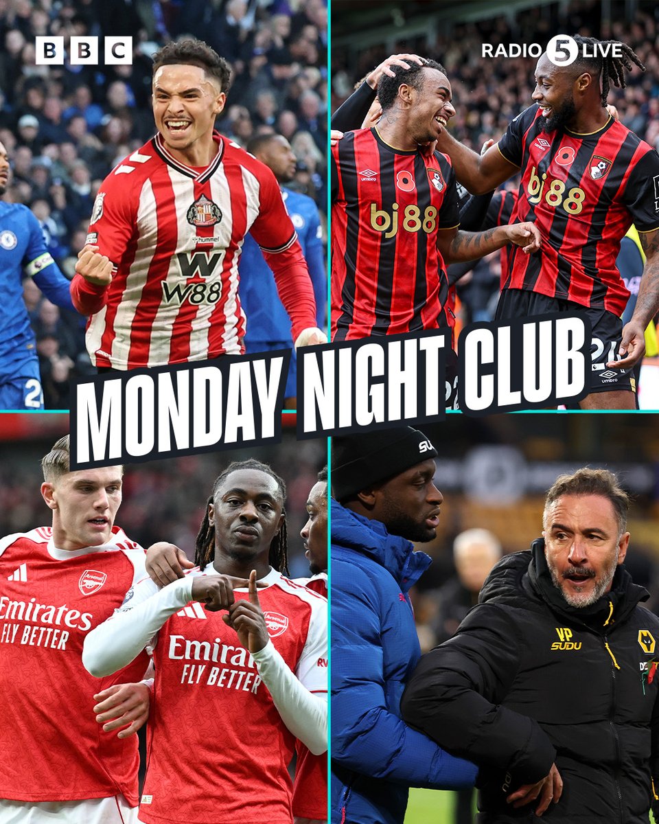 5liveSport's tweet image. 🐈‍⬛ Sunderland continue to soar
📈 Bournemouth up to second
📐 Arsenal lead set-piece revolution
❤️ Hearts move eight clear of Celtic
🐺 How safe is Pereria at Wovles?

Join Mark Chapman with @chris_sutton73, @RorySmith and @andros_townsend from 7pm on @BBCSounds 

#BBCFootball