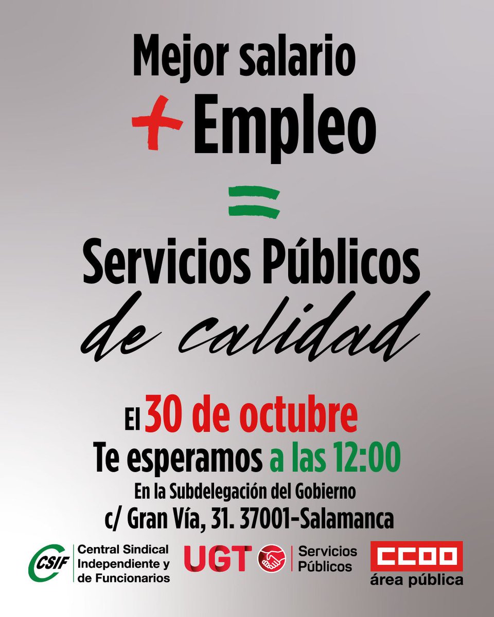 📢 ¡El personal público dice BASTA! 📢 #30Octubre

Salimos a la calle para exigir: ✅ Negociación Real 🤝 💰 Subida Salarial Justa⬆️🏥 Servicios Públicos de Calidad 🌟

❌ No aceptamos más excusas del Gobierno. ¡Basta de congelar sueldos y castigar al personal! #ServiciosPublicos