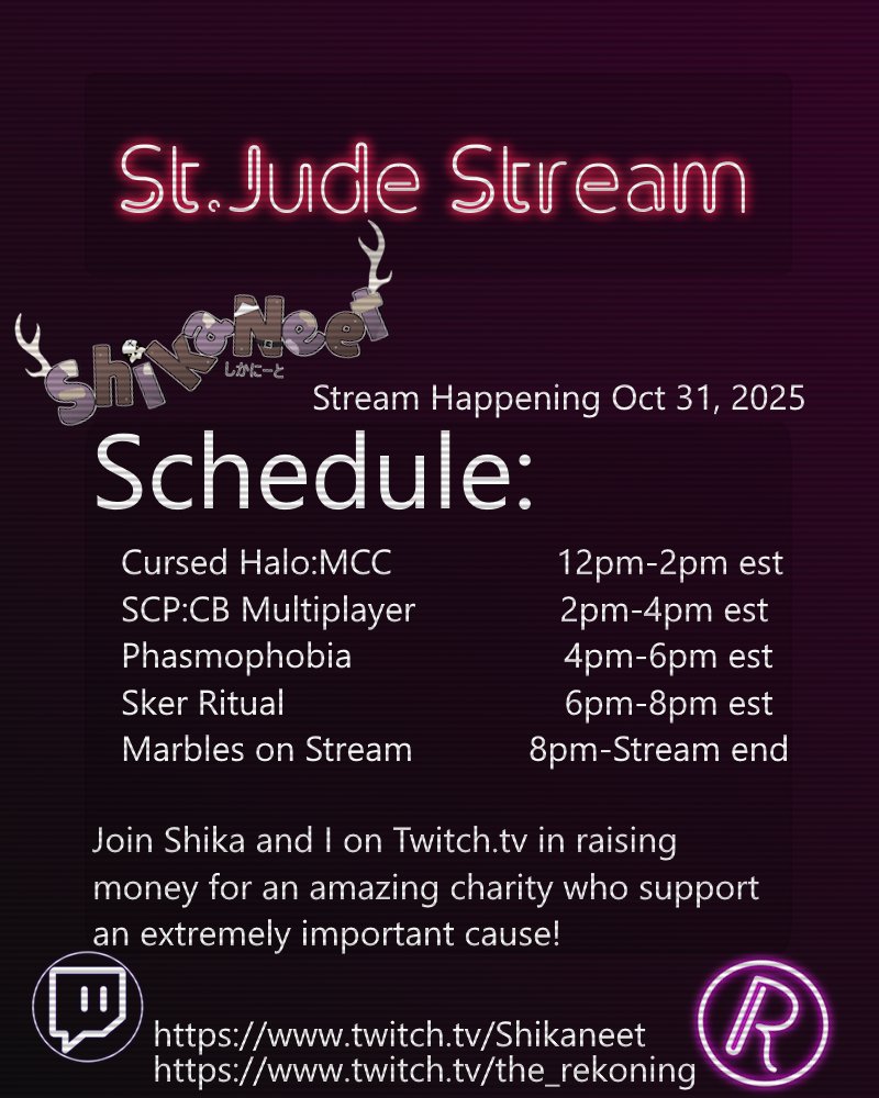 TRekoning's tweet photo. Hi! To anyone who can see this @ShikaneetVT and I are doing a charity stream for St.Jude this Friday October 31st. Aka Halloween! We'd appreciate anyone who can stop in or even donate to help fight cancer. Hopefully we'll see you there! https://t.co/xOTVcO4Xko