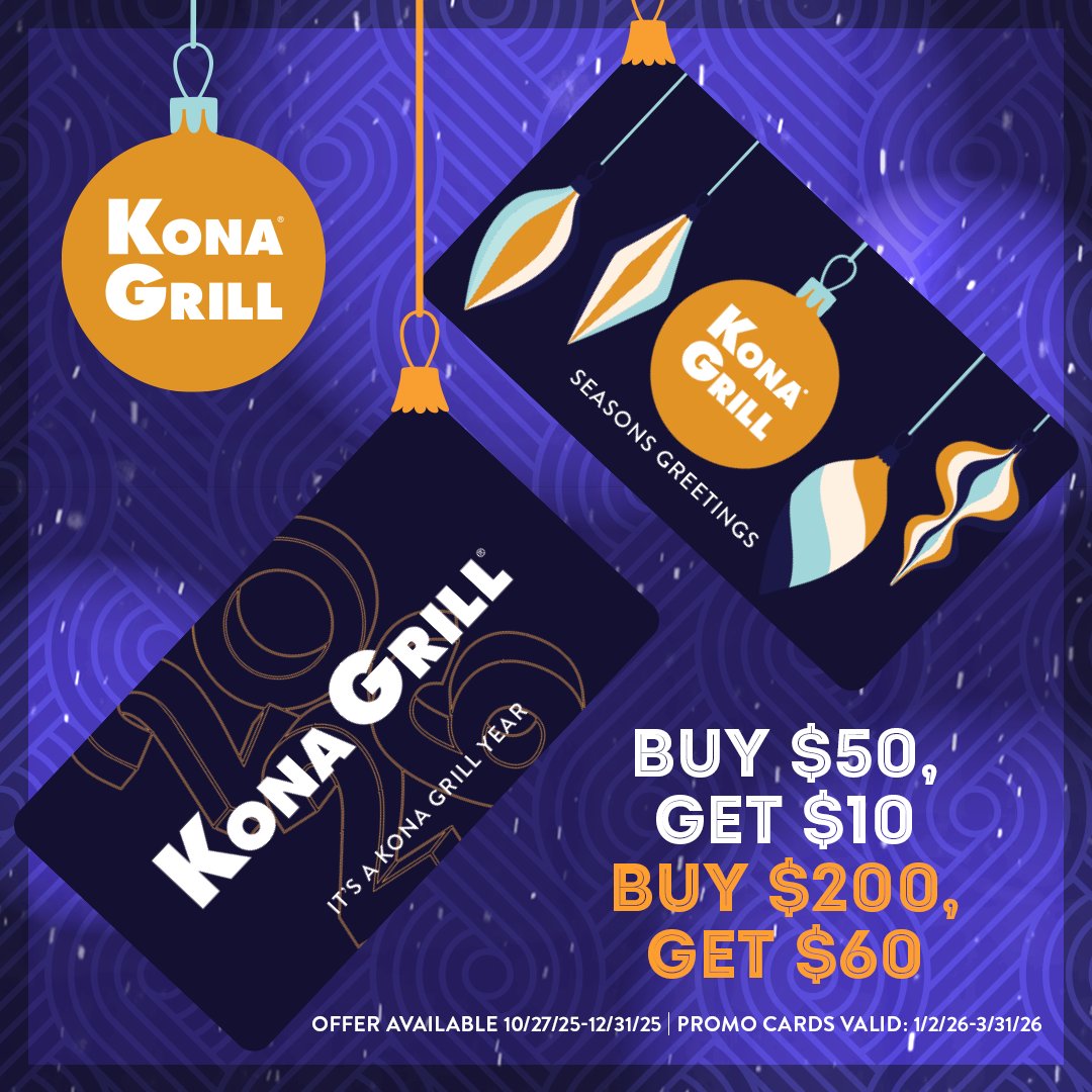 Give the gift of Kona Grill—perfect for any occasion. Buy a $50 gift card, get a $10 promo card, or receive $60 with a $200 purchase.✨