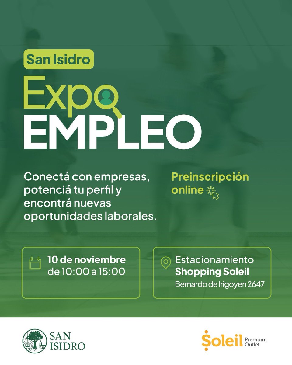 Sebasaettone's tweet photo. 💼 Llega Expo Empleo San Isidro

Conectá con empresas, potenciá tu perfil y descubrí nuevas oportunidades 
Una jornada pensada para que puedas acercarte al mundo del trabajo, conocer las búsquedas activas y participar de charlas y asesoramientos.

🗓️ Lunes 10 de noviembre https://t.co/3J3j6q5bie
