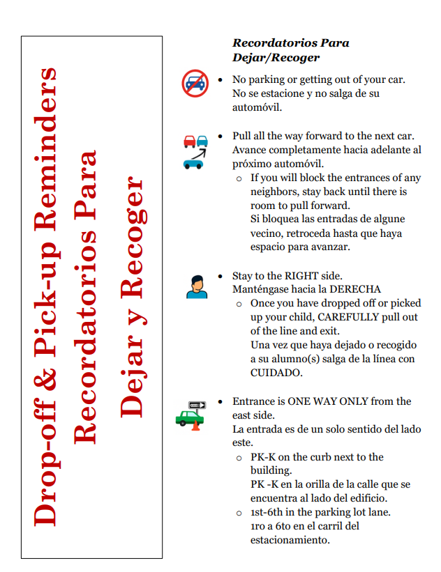 Drop off and Pick up reminders/ Recordatorios para Dejar/Recoger mariposaacademy.net/o/mariposa-aca…