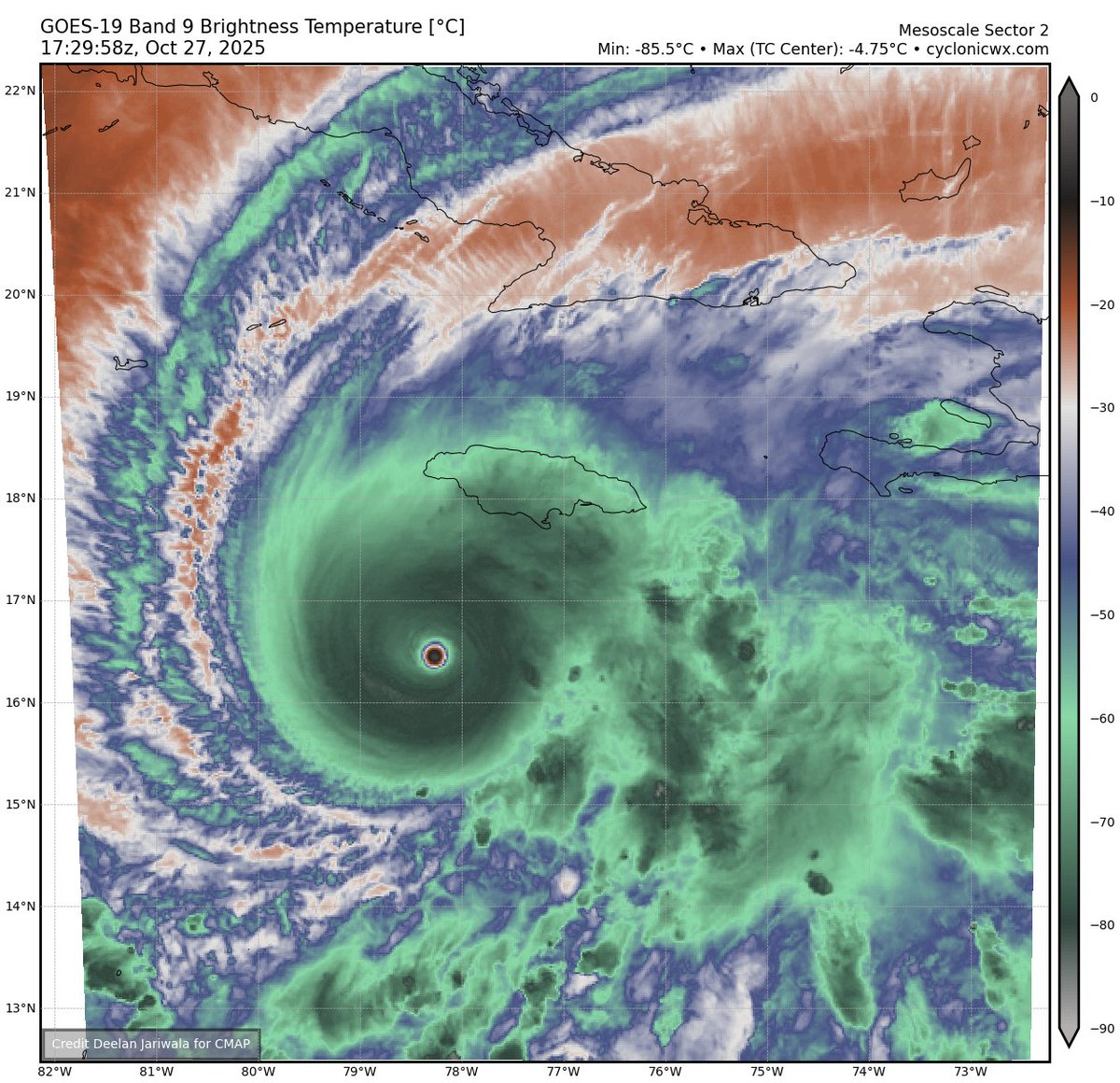 Oh. My. God. Hurricane #Melissa has just broken the record for the driest eye ever observed in a tropical cyclone. -4.75*C.