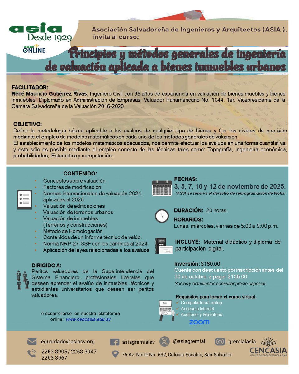 asiagremial's tweet image. 10  cupos disponibles
✅Cuenta con descuento por inscripción antes del 30-octubre, a pagar $135
✅Socios y estudiantes consultar precio especial.
INSCRIPCION
🔗cencasia.edu.sv/.../principios…
📩 eguardado@asiasv.org
#avaluosinmobiliarios #avaluos #ingenieros #arquitectos #bienesinmuebles