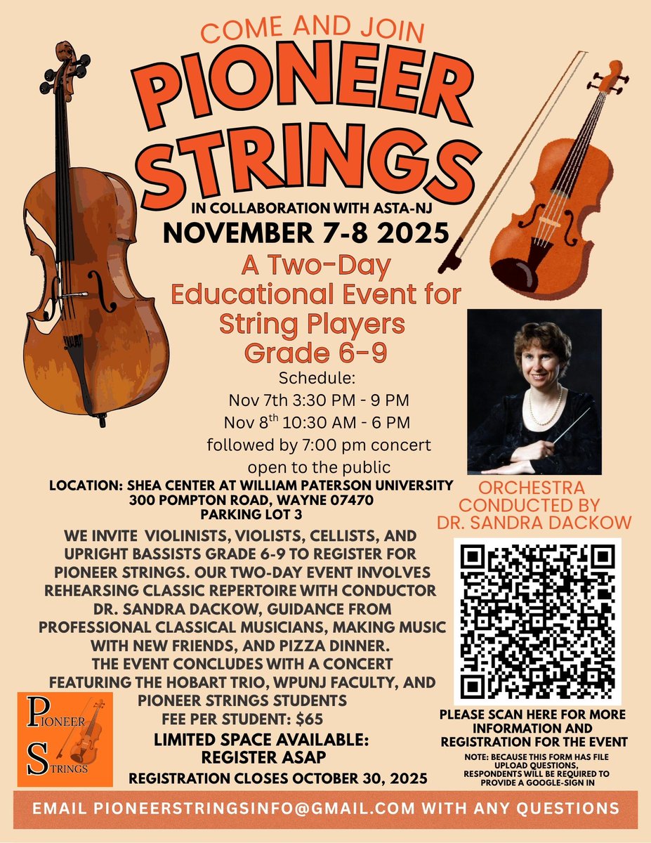 📢 Open to Grades 6-9! 🎻

🎶 <a href="/WPMusicDept/">WP Music Department</a> invites young string players to a 2-day event on 11/7 &amp; 8, led by classical conductor Dr. Sandra Dackow. Make music, new friends &amp; learn from the pros. 

‼️ Space is limited! Registration ends on 10/30. Act now! docs.google.com/forms/d/e/1FAI…