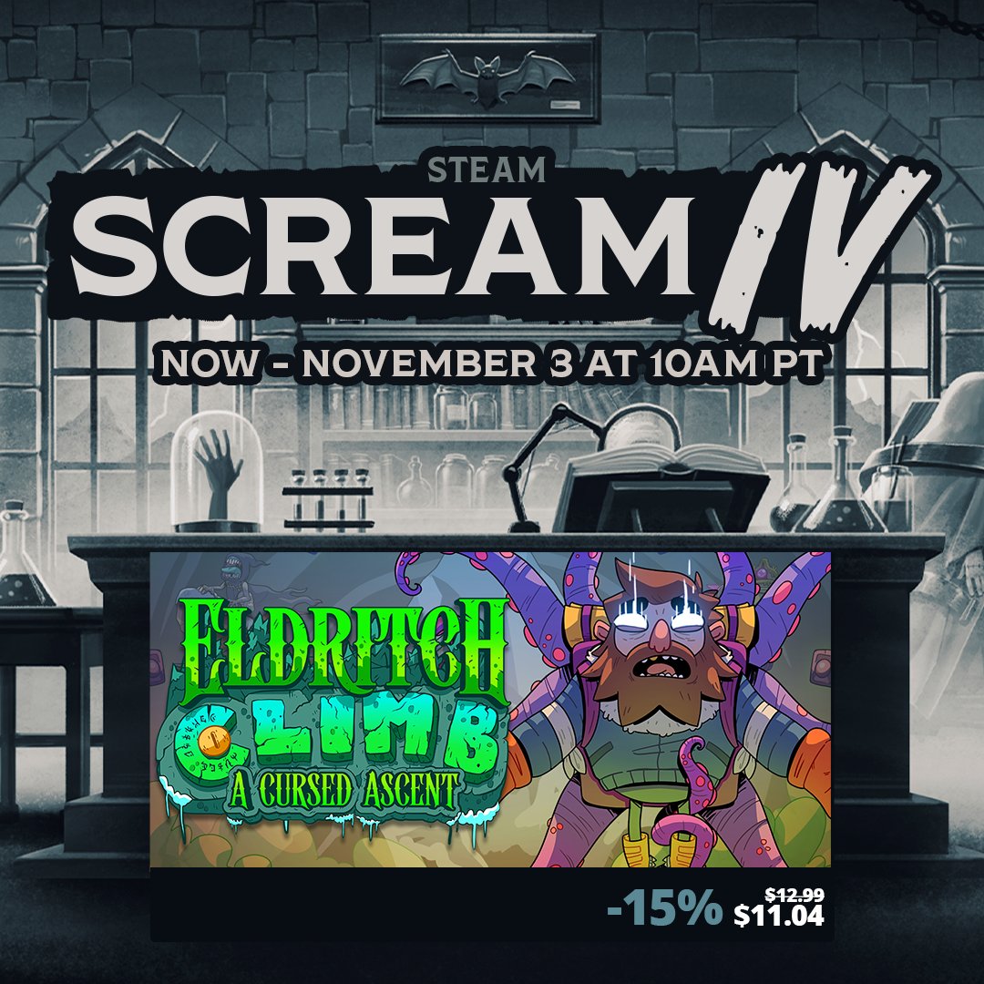 Eldritch Climb: A Cursed Ascent is part of the Steam Scream! 🎃 Check our roguelike climbing take on cosmic horror!

🎮 Demo available during the event
✨ Add us to your wishlist

#SteamScreamFest #indiegame