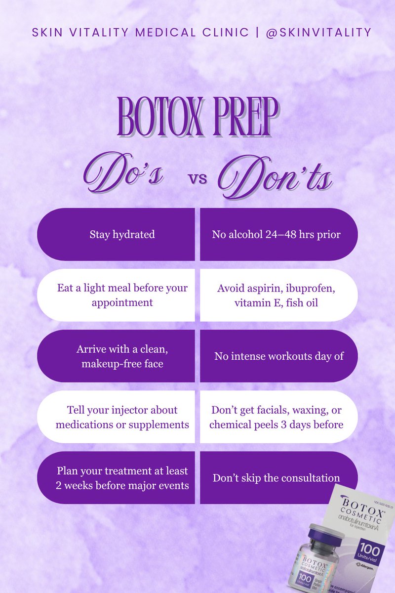 SkinVitality's tweet image. Botox prep = flawless results 💉 Stay hydrated, skip alcohol + workouts, and arrive with clean skin. Smooth starts smart. ✨
#Botox #PreCare #FacialRejuvenation #PreventativeBotox #TweakmentsToronto