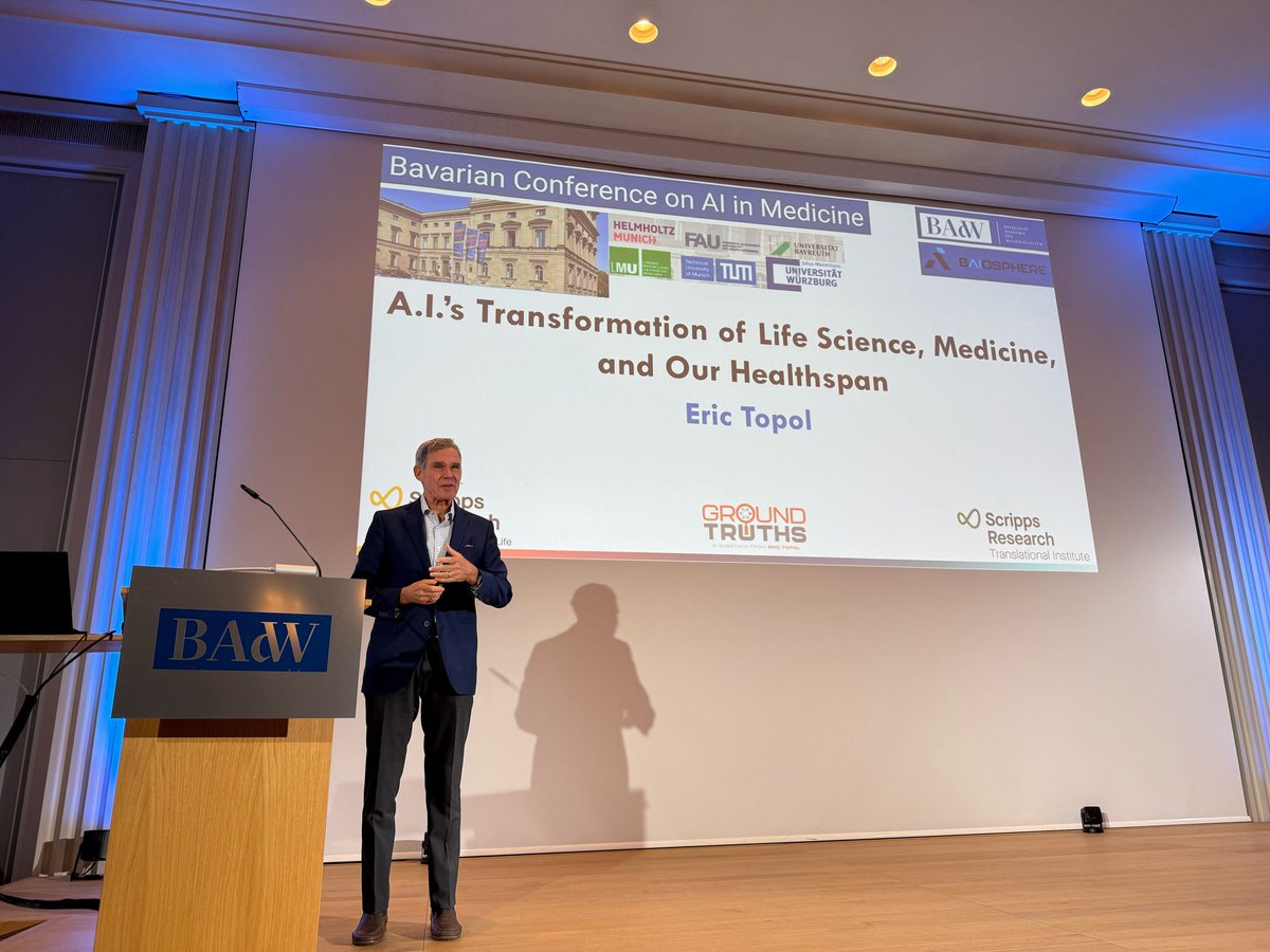 Eric Topol giving evening keynote at our Bavarian Conference on AI in medicine, amongst other on AI for prevention and super aging. A true visionary and communicator! see eg erictopol.substack.com/p/dawn-of-a-ne…
@eriktopol